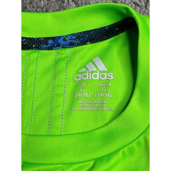 Adidas Boy Size Large Spell Out Logo Fluorescent Green Long Sleeve TShirt School - Picture 6 of 12